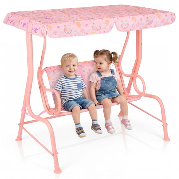 2-Seater Kids Patio Swing with Adjustable Canopy & Safety Belts Outdoor Toddler Swing Bench - PINK