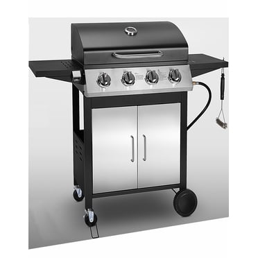 40,000BTU Grill w/Brush, 4-Burner Propane Gas Grill Stainless Steel, Outdoor Camping BBQ Grill on Wheels Portable for Patio Poolside RV