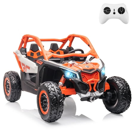 2-Seater Licensed Can-Am 24V Ride On UTV Car – 4WD, Dual 7AH Batteries, 4x 200W Motors, Remote Control, Spring Suspension, LED Lights, Large 23" Seat – Off-Road Electric Vehicle for Kids, Orange