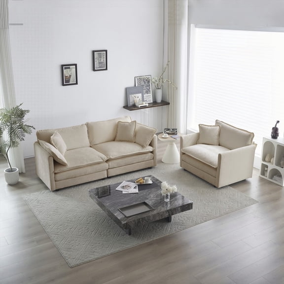 Modern Beige Chenille 2-Piece Sofa Set (2 Seater Loveseat & Chair) with Solid Wood Frame