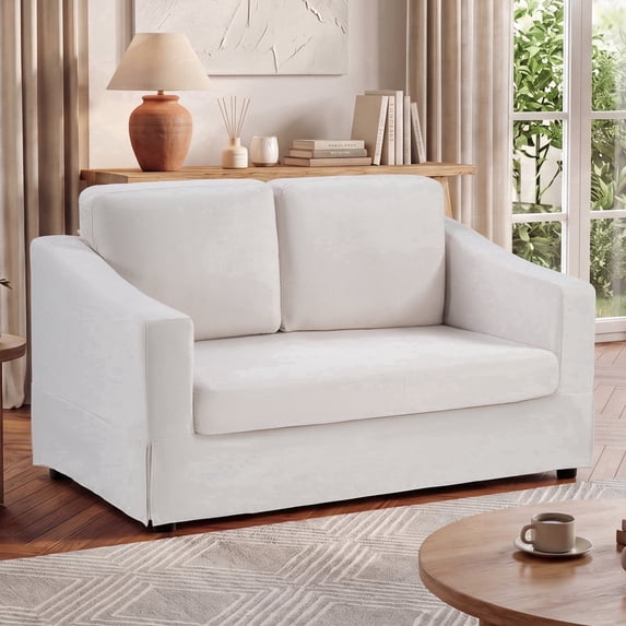 Ebello 2-Seater Loveseat Sofa, Thick Cushion Soft Fabric Upholstered Compact Couch for Living Room, Apartment, Office (Beige)