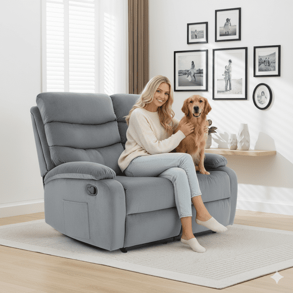 2 Seater Manual Loveseat Recliner Sofa, Home Theater Seating with Console, 2 Seater Manual Reclining RV Sofa for Living Room, Blue