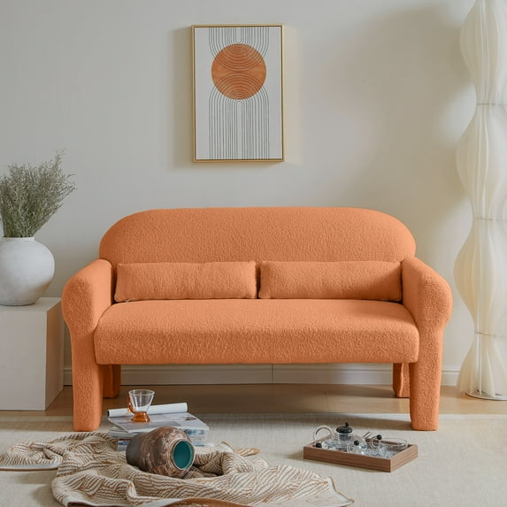 2-Seater Modern Boucle Loveseat with Solid Wood Frame,Leisure Sofa Chair with Lumbar Pillows,Cozy Armchair for Living room, Orange