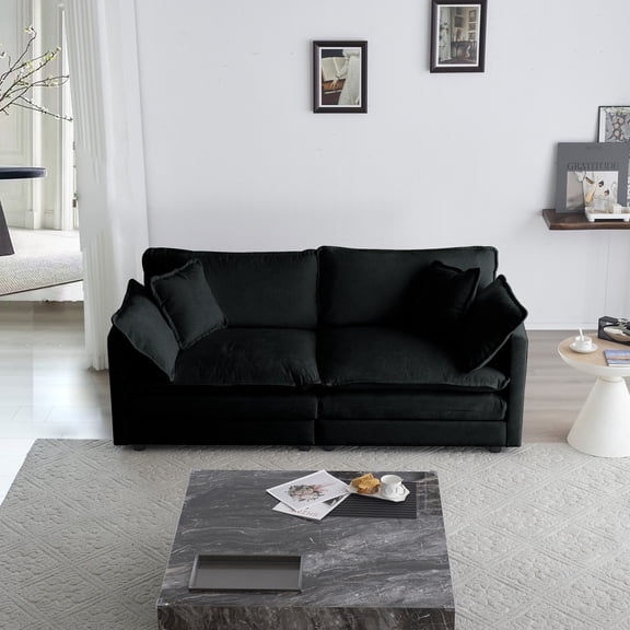2-Seater Modern Fabric Loveseat Sofa Couch for Living Room, Upholstered Large Size Deep Seat Sofa with 4 Pillows (Black)
