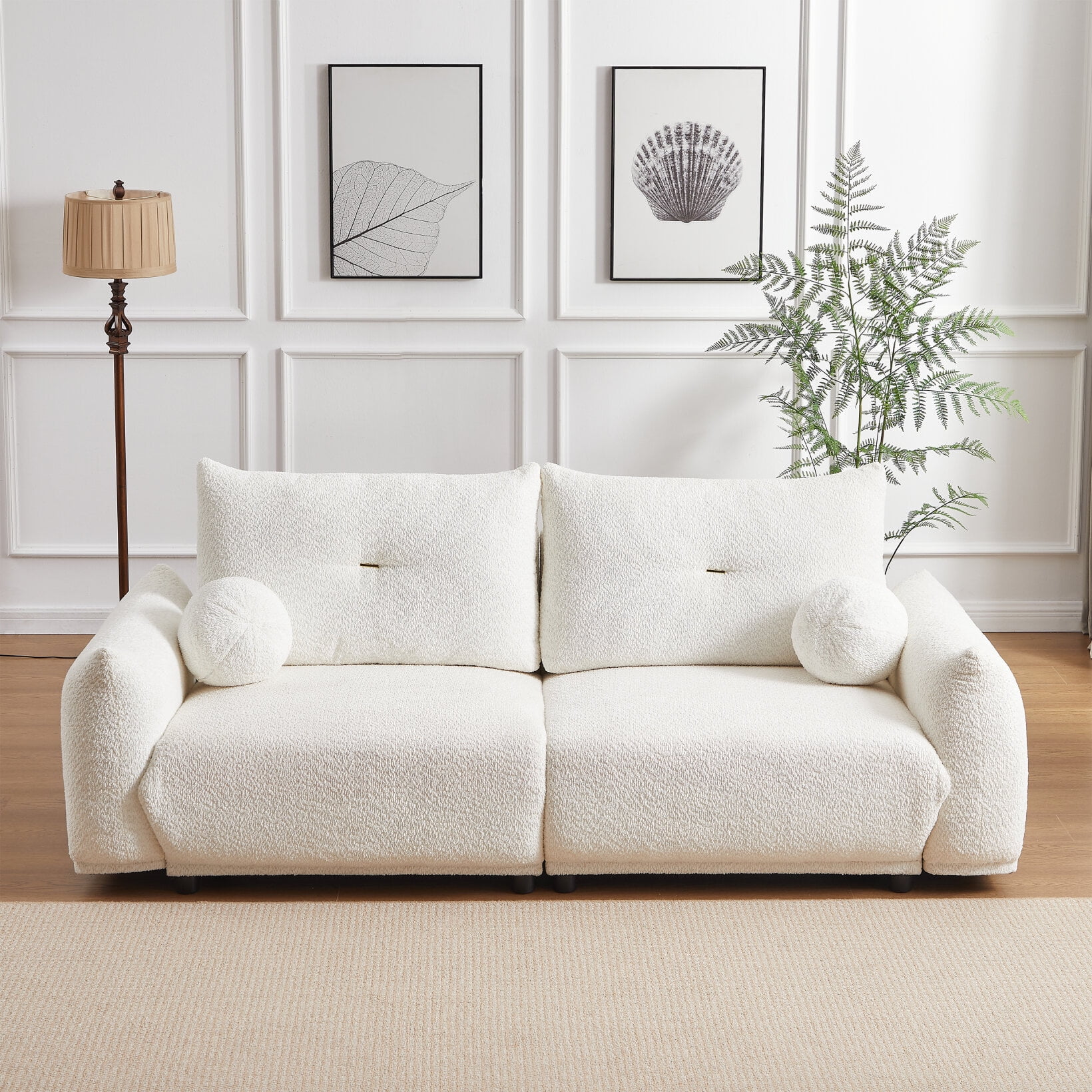 2 Seater Modern Lamb Wool Cushion Sofa with 2 Cushions and 2 Ball Pillows for Living Room Bedroom Meeting Room and Other Casual Spaces Beige