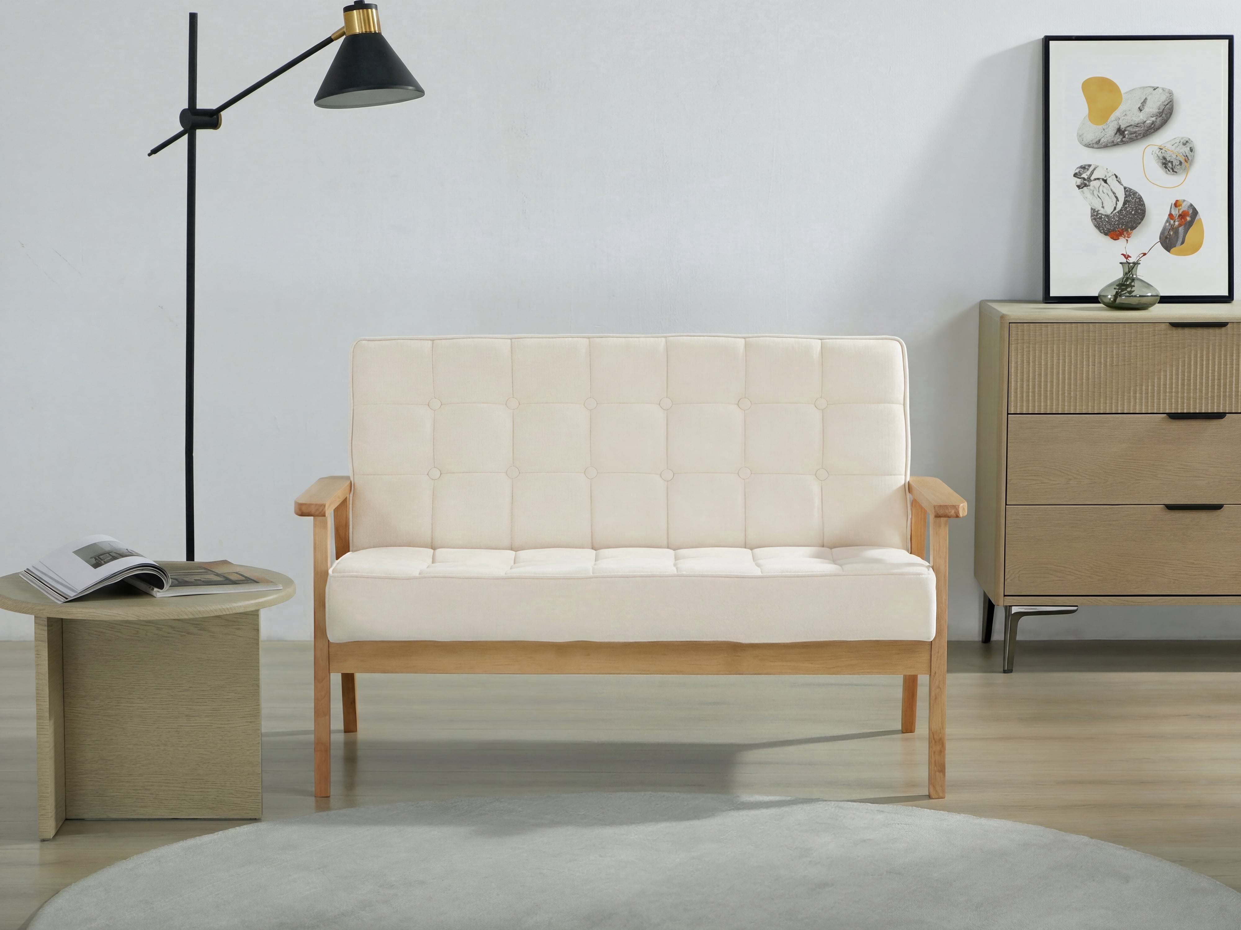 2-Seater Modern Sofa with Button Tufting, Solid Pine Wood Frame & Soft Fabric, Compact Loveseat for Living Room, Apartment, Dorm (White)
