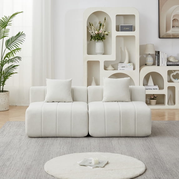 2-Seater Modular Loveseat with 2 Pillows, 2-Piece Cloud Couch with Plush Cushions, Compact Fabric Sofa for Small Spaces (Beige)