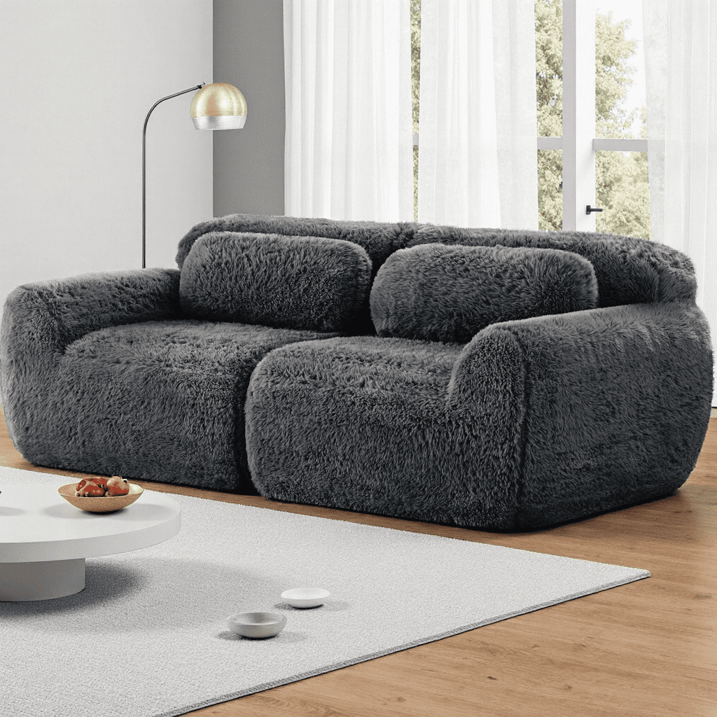 2-seater Modular Sectional Sofa Couches,Soft Fluffy Plush Fabric Bottom Anti-Slip Design,32D High Density Sponge,No Assembly Required Ergonomic Design,With Throw Pillows  For Study,Light Khaki