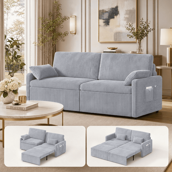 6-in-1 Pull Out Convertible Sofa Bed, Independent Extendable Seats, Soft Corduroy Loveseat, 78.7", Gray
