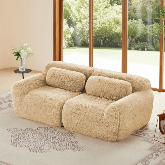 2-Seater Modular Sectional Sofa, Soft Fluffy Plush Fabric, Anti-Slip Bottom, 32D High-Density Sponge (Light Khaki)