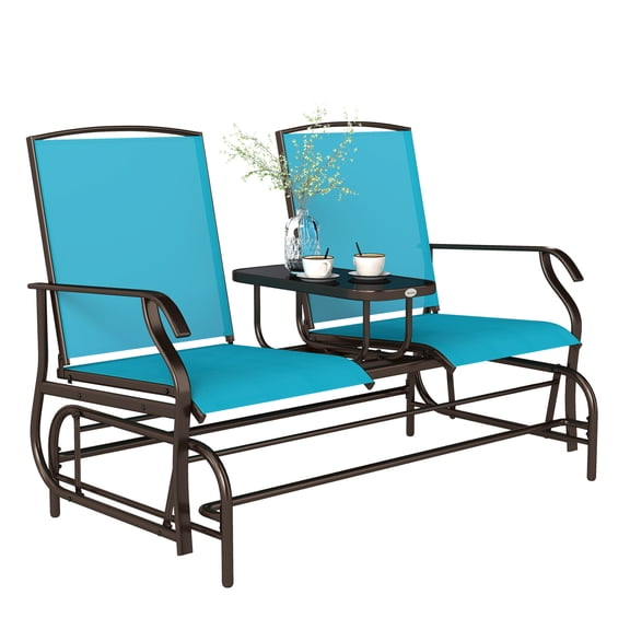 2 Seater Outdoor Glider Bench - Breathable Mesh Patio Loveseat with Table - Backyard Garden Porch Swing Chair - Blue & Brown