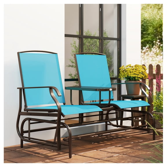 2 Seater Outdoor Glider - Patio Rocking Bench with Mesh Seats & Coffee Table - Backyard Porch Swing Chair - Blue
