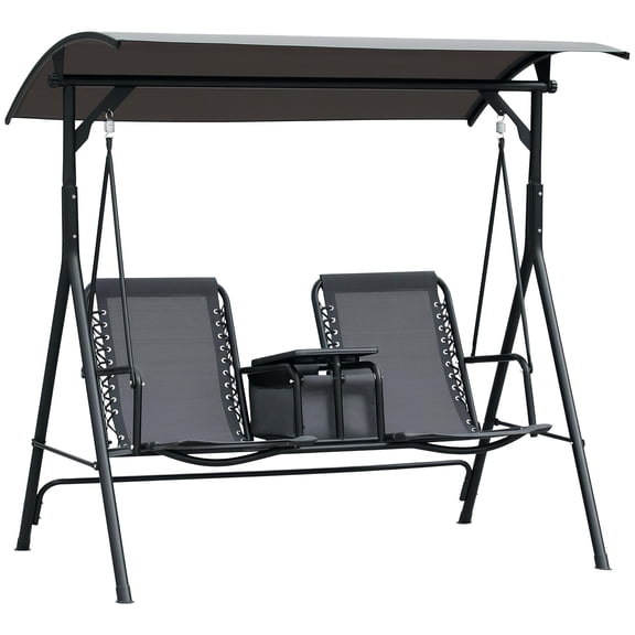2-Seater Outdoor Patio Swing Glider With Canopy, Storage Table, Cup Holders, Gray