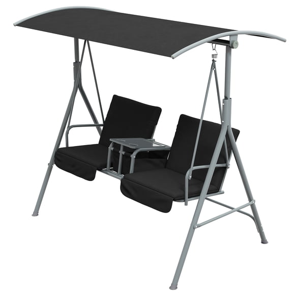 2-Seater Outdoor Porch Swing with Canopy & Table, Patio Swing Chair with Cushions & Cup Holders, Black