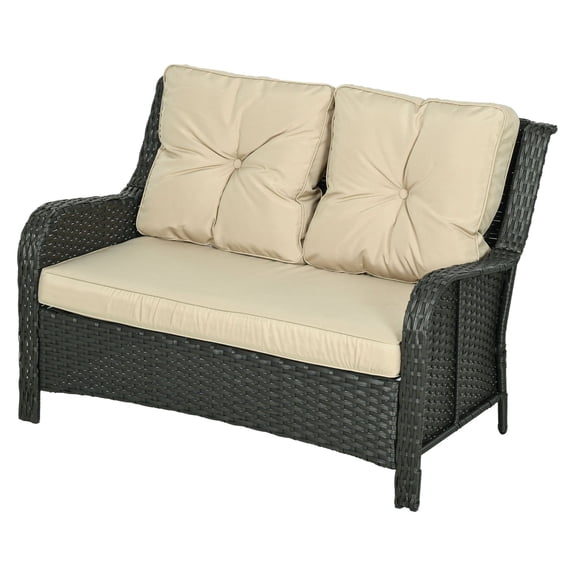 2-Seater Outdoor Sofa, PE Rattan Wicker Loveseat with Cushions Beige - Patio Furniture for Deck, Poolside, Garden