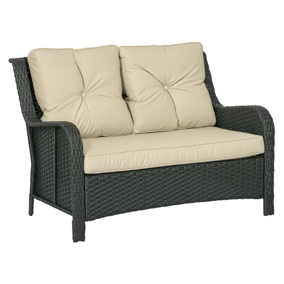 2-Seater Outdoor Sofa, Patio Couch with Cushions, Beige Wicker Loveseat