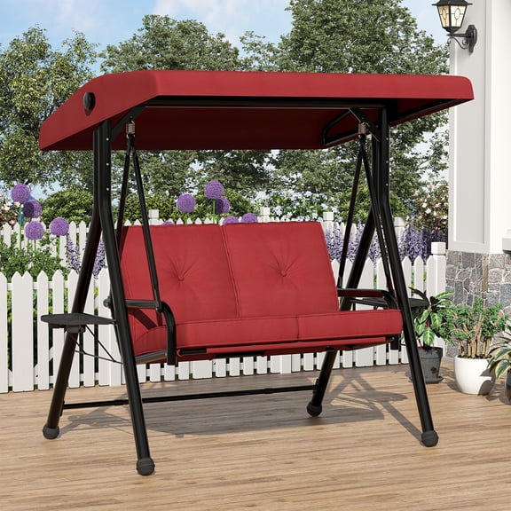 2 Seater Outdoor Swing Chair with Cup Holders, 2-in-1 Warm&Cold Weather Patio Swing with Thickened Removable Cushions, Adjustable Canopy Porch Swing