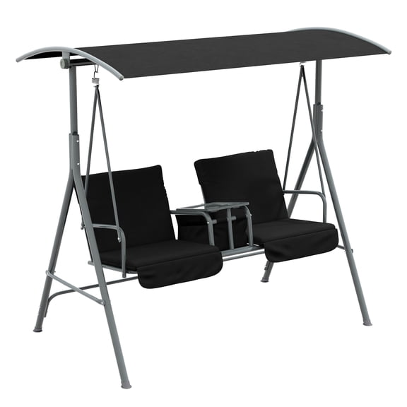 2-Seater Outdoor Swing with Canopy, Patio Swing Chair for Garden, Backyard, Black - with Table & Cushions