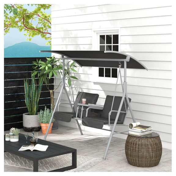 2-Seater Outdoor Swing with Canopy & Table - Patio Swing Chair for Garden, Backyard, Poolside - Gray
