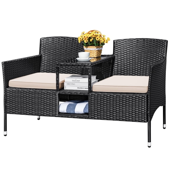 2-Seater PE Rattan Outdoor Loveseat Patio Furniture Set with Cushions & Built-in Coffee Side Table with Storage, Modern Conversation Sofa for Backyard Lawn Porch Balcony Beige
