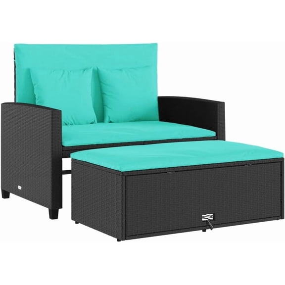 2-Seater Patio Sofa with Cushions, Gray Poly Rattan Outdoor Sofa with Footstool, Convertible Bed with Storage