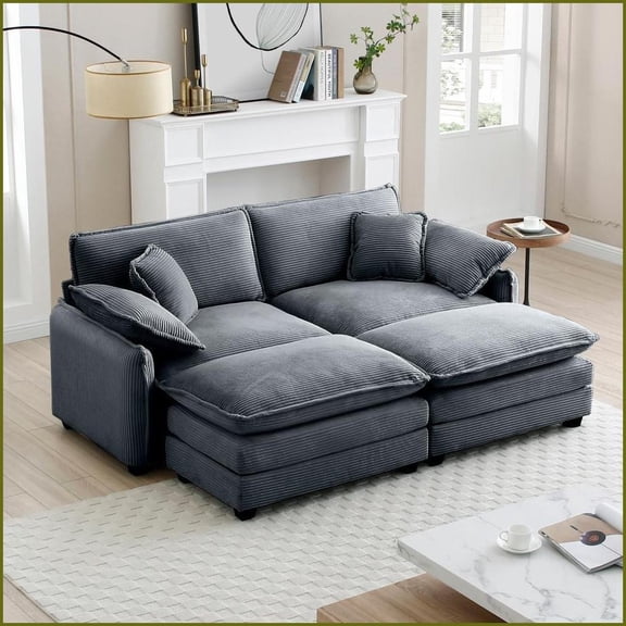 2-Seater Retro-Modern Corduroy Sofa with Matching Footrest Grey Ideal for Small Living Rooms & Bedrooms | Grey | Corduroy | Cushion Back