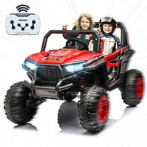 2 Seater Ride on Car for Kids, 4 Wheel Drive Truck with Leather Seat and Remote Control, 12V Battery Powered Off-Road UTV Toy with LED Lights, Bluetooth, Adjustable 3 Speeds, Spring Suspension, Red