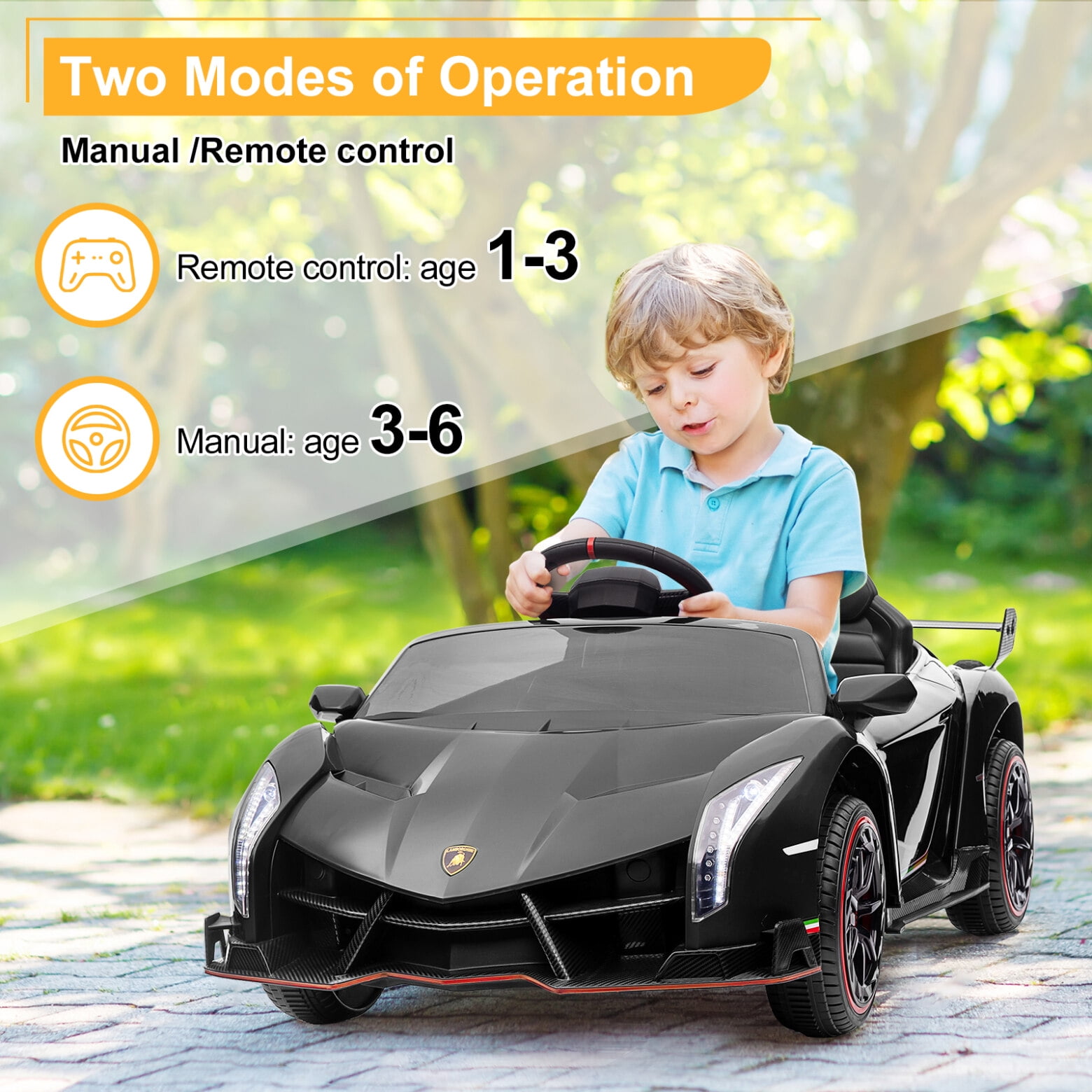 Triple Tree 2 Seater 12V Lamborghini Car for Kids and 4.3 mph Maximum Speed Black Walmart