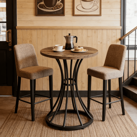 2-Seater Round Counter Height Bar Table, Rustic Wood Top Pub Table with Curved Metal Base for Home Bar & Cafe