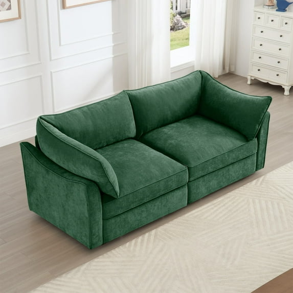 2 Seater Sectional Sofa with Storage -Green Living Room Couch, Corduroy-like Chenille Fabric, Crescent Wraparound Design - Compact 2-Person Sofa for Small Spaces