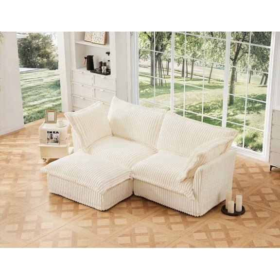 2-Seater Slipcovered Sofa with Convertible Ottoman & Lux Comfort