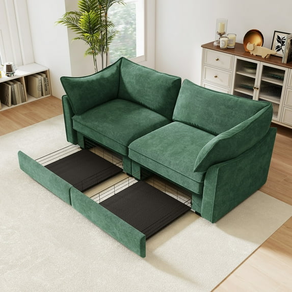 2-Seater Sofa Chenille Crescent-Shaped Armrests Loveseat Couch with Under-Seat Storage Drawers, Space-Saving Sofa for Small Living Rooms (500 lb Capacity)