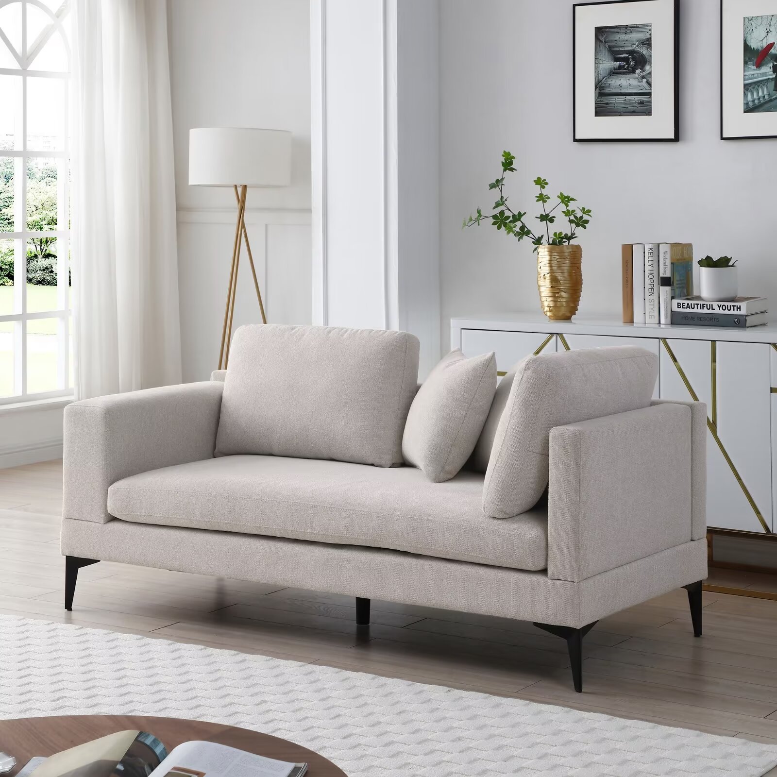 2 Seater Sofa Couch, 59inch Fabric Upholstered Loveseat with 2 Pillows ...