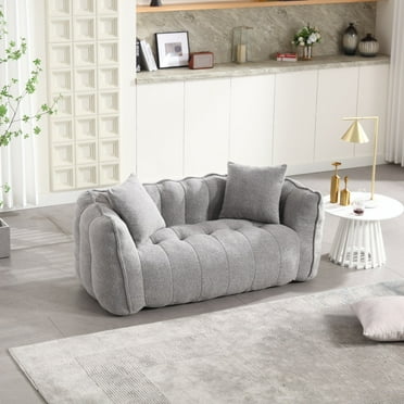 2 Seater Sofa, Modern Bean Bag Chair with Chenille Fabric Upholstered, 2 Pillows, One-piece Backrest and Armrest, Comfy Square Recliner Sofa for Reading, Watching TV, Resting, Grey