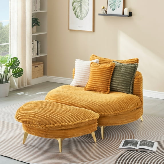 2 Seater Sofa, Modern Loveseat Sofa with Corduroy Fabric Upholstered, Footstool, 3 Matching Pillows, Golden Metal Legs, Cozy Sofa for Apartment, Bedroom, Office, Yellow