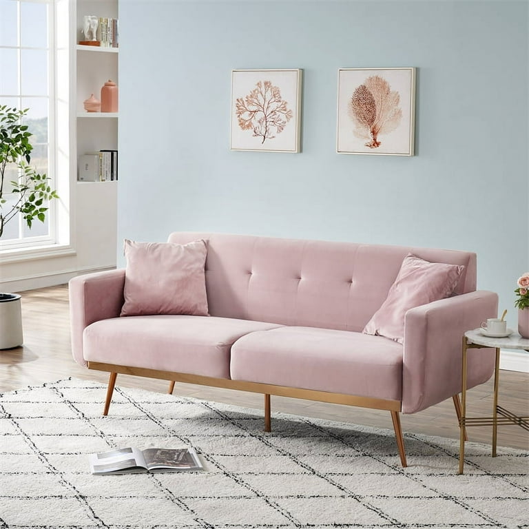 2 Seater Sofa Modern Pink Velvet Sand Sofa with Midfoot and Two Throw Pillows Comfy Wooden Loveseat Sofa with Plus Metal Legs for Living Room