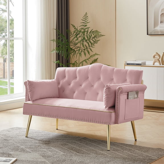 2-Seater Sofa, Modern Tufted Velvet Loveseat with Gold Metal Legs, Compact Couch for Living Room Bedroom Apartment, Pink