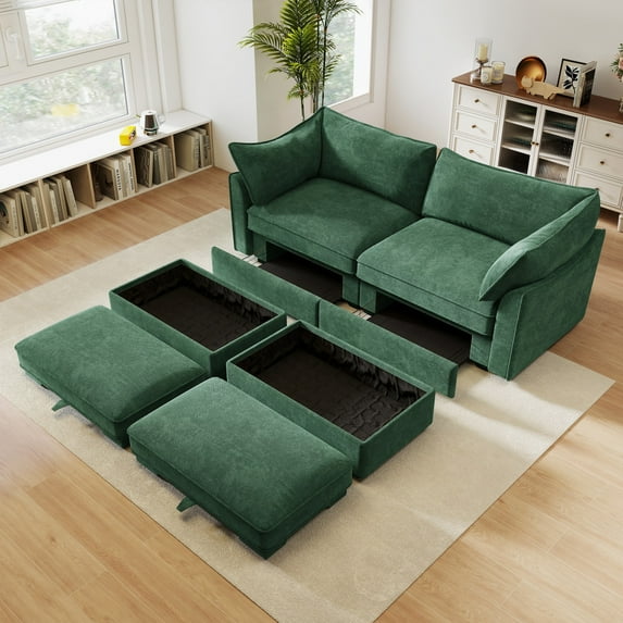 Luxurious Chenille 2-Seater Sofa with 2 Movable Ottomans, Hidden Storage Drawers Under Seats, Elegant Green for Living Room Comfort