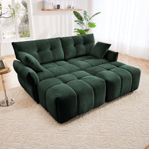 2 Seater Sofa Set With 2 Ottomans And Throw Pillows, Cozy Plush Chenille Fabric, Ideal For Living Room, Apartment Or Dorm, In Green