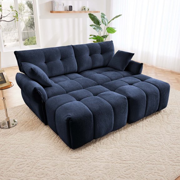 2 Seater Sofa Set with 2 Ottomans and Throw Pillows Cozy Plush Chenille Fabric Ideal for Living Room Apartment or Dorm In Blue