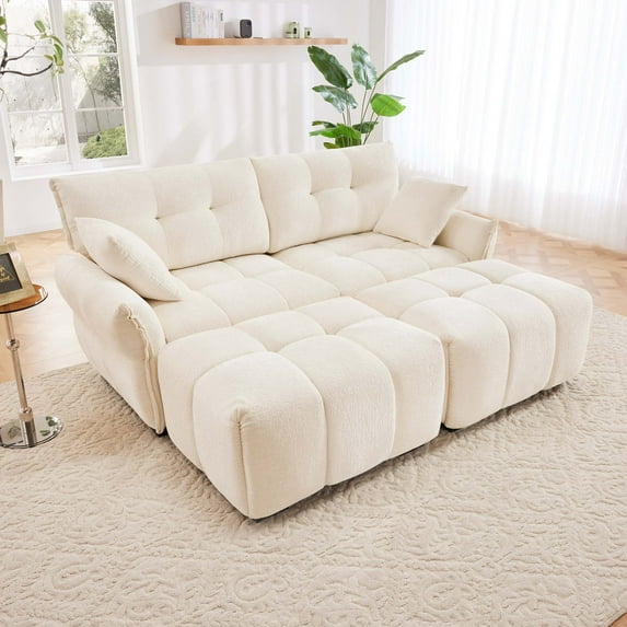 2 Seater Sofa Set with 2 Ottomans and Throw Pillows Cozy Plush Chenille Fabric Ideal for Living Room Apartment or Dorm In White