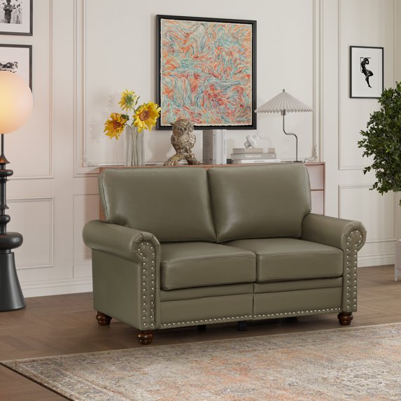 2-Seater Sofa, Upholstered PU Leather Loveseat Sofa Chair with Storage Drawer, Wood Legs, Large Back, Nail Decoration, Modern Accent Sofa Couch for Living Room, Guest Room, Grey