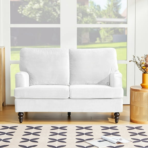 2-Seater Sofa, Velvet Upholstered Loveseat with Oak Spindle Legs, Pillow Back, Armrests and Noise-free Foot Pads, 52.75" Modern Chesterfield Sofa Loveseat Couch Chair for Living Room, Office, White