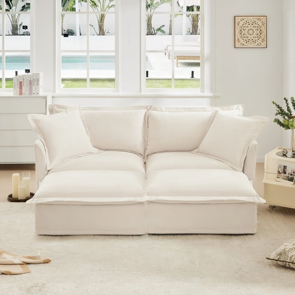 2 Seater Sofa with Ottomans & Sleeper Bed - Oversized Home Theater Sofa in Cream, Elegant & Flexible