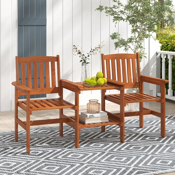 2-Seater Solid Wood Outdoor Patio Furniture Set with 1.57-Inch Umbrella Hole and 2-Tier Middle Table