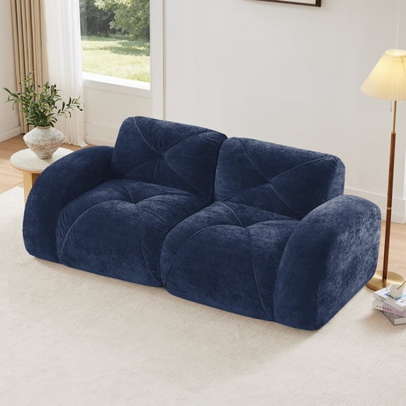 2-Seater Tufted Sofa Couches with Boneless Sofa, Soft Velvet Fabric, Bottom Anti-Slip Design, 32D High Density Sponge, Ergonomic Design Bottom, No Assembly Required, Fits Living Rooms (Blue)