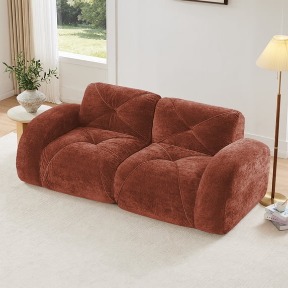 2-Seater Tufted Sofa Couches with Boneless Sofa, Soft Velvet Fabric, Bottom Anti-Slip Design, 32D High Density Sponge, Ergonomic Design Bottom, No Assembly Required, Fits Living Rooms (Red)