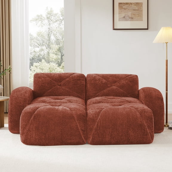 2-Seater Tufted Sofa Couches With boneless Sofa,Soft Velvet Fabric,Bottom Anti-Slip Design,32D High Density Sponge,Ergonomic Design Bottom,No Assembly Required,Fits Living Rooms,Red Brown
