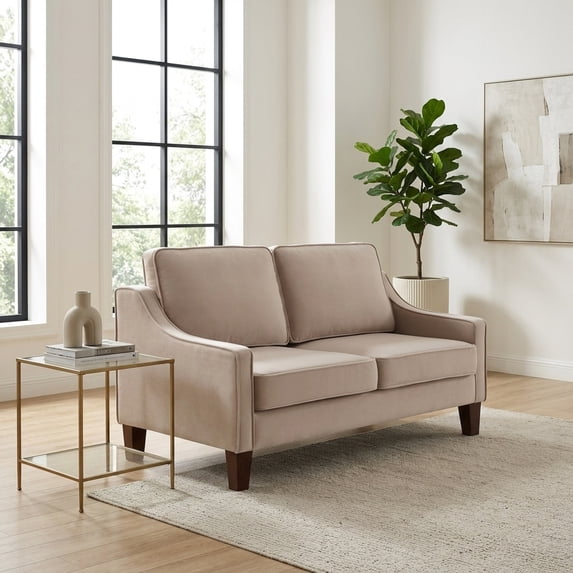 2-Seater Velvet Loveseat Sofa with Spring Cushions and Solid Rubber Wood Legs, Taupe
