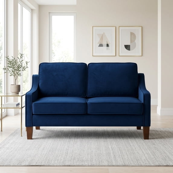 2-Seater Velvet Loveseat Sofa with Spring Cushions and Solid Wood Legs, Navy Blue